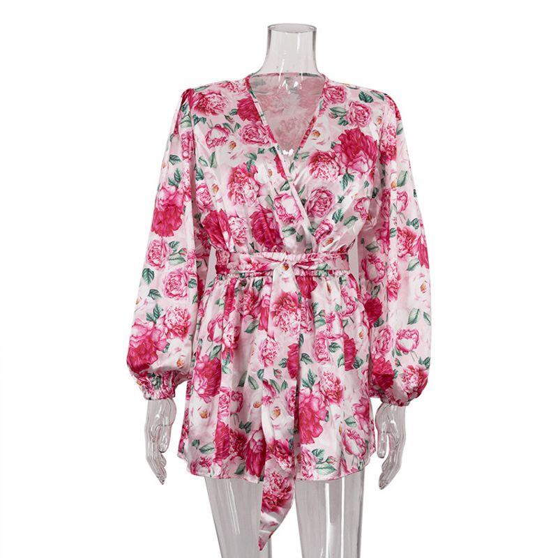 European and American Print Jumpsuit Women High Sense Drape V-neck Lace-up Waist Hugging Long sleeve Jumpsuit Shorts