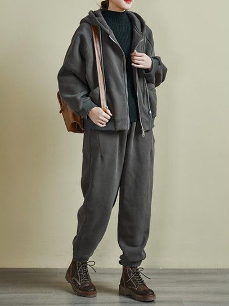 Autumn Winter Retro Loose Thickened Sportsuit Women Elegant Fleece Casual Hooded Sweatshirt Y2k 2-piece Set Fashion New Clothes