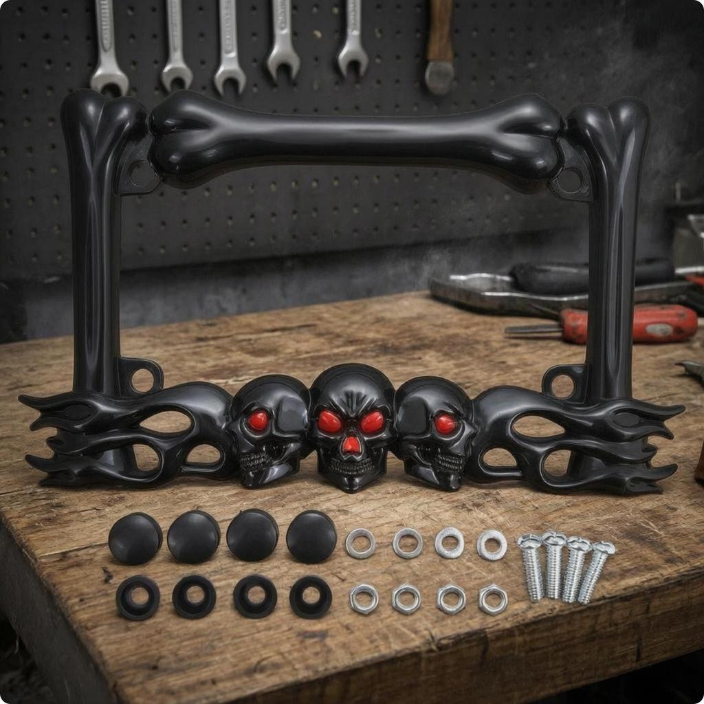 Skull and Bone Plate Frame Flame Accents Motorcycle Registration Glossy Finish Black