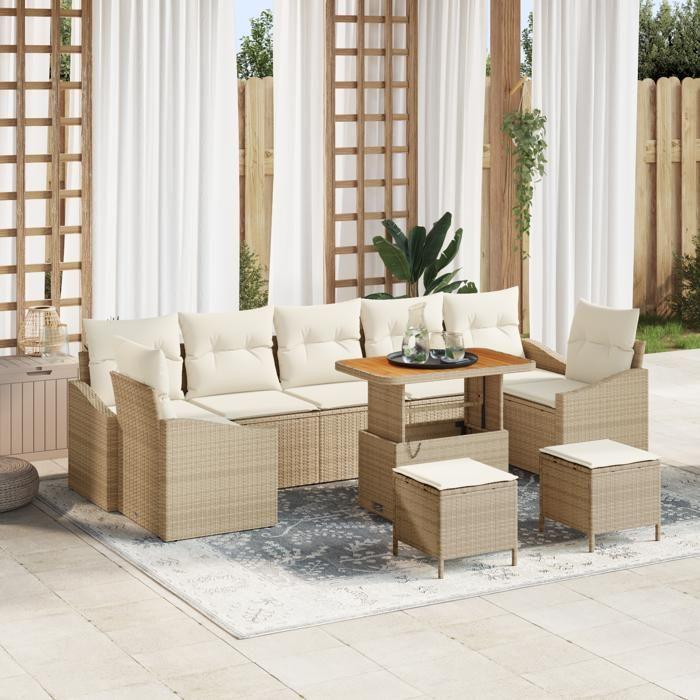 Ensemble de Canapés de Jardin vidaXL 10 Pièces avec Coussins Beige Rattan Poly Acacia, Canapé de Jardin vidaXL 2 Places 3364591