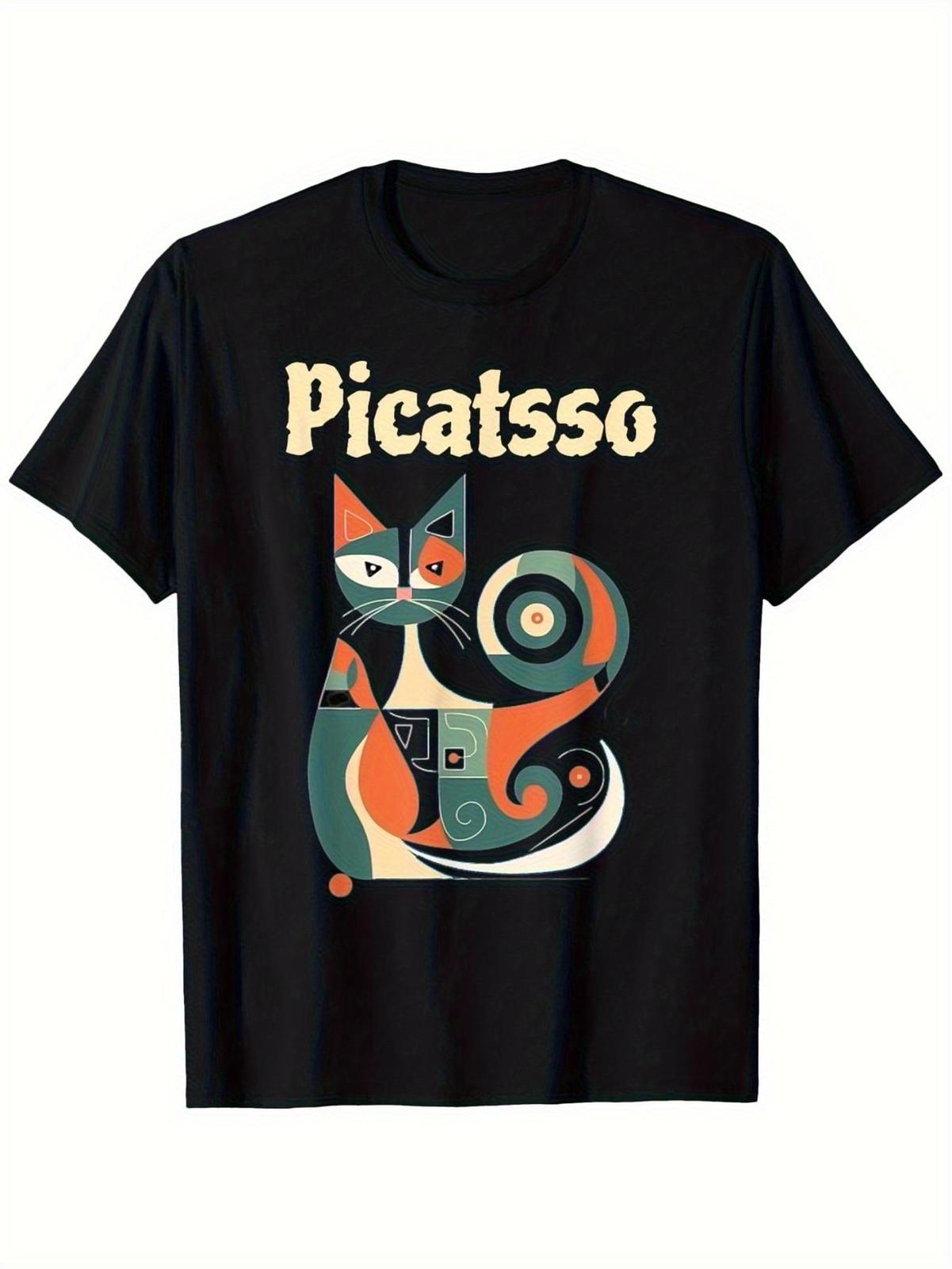 Black Abstract Cat Picasso-Inspired T-Shirt - Cubist Style Picasso Logo-Like L S разноцветный