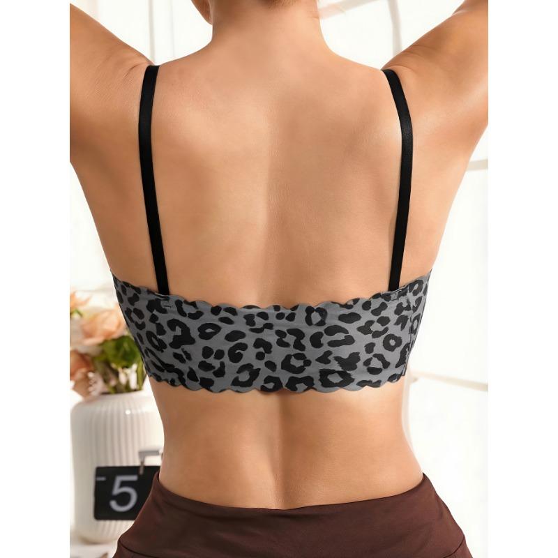 Women's Leopard Print Wireless Bra Seamless Scallop Trim Deep V Bralette Comfortable Push Up Everyday Bra