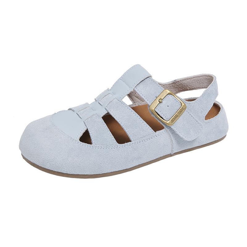 Fashion Women's Casual Round Head Flat Shoes Summer New Baotou Cow Suede Metal Buckle Soft Sole Anti-slip Wear-resistant Sandals