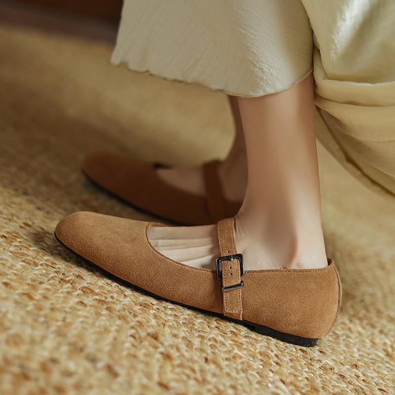 Fashion Women Mary Jane Ballet Shoes Cow Suede Genuine Leather Flats Woman Classic Square Toe Fashion Street Flats Ladies Soft Loafers