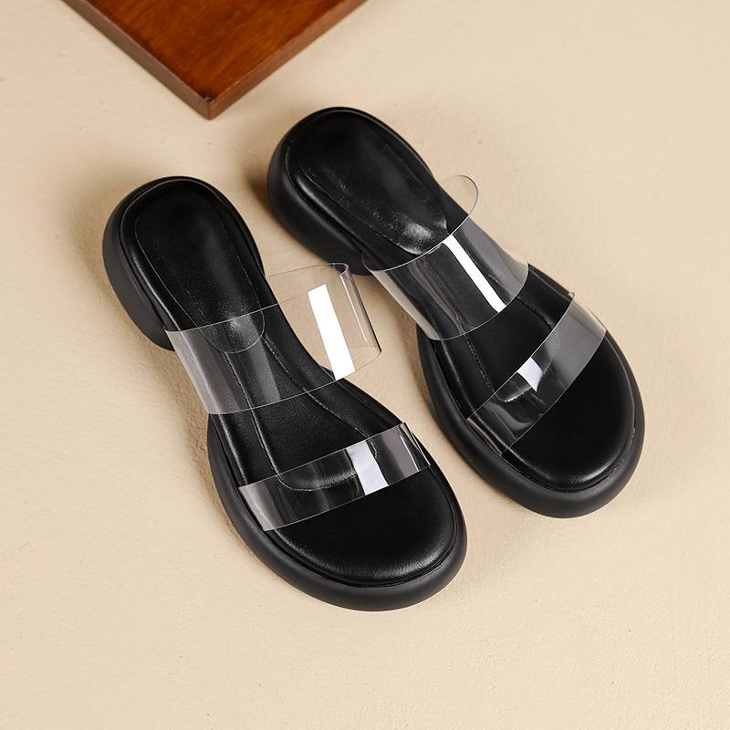 

Krazing Pot Летние туфли-мюли из натуральной кожи с открытым носком из ПВХ на толстом каблуке, женские сандалии на платформе, размер 42 42 чёрный