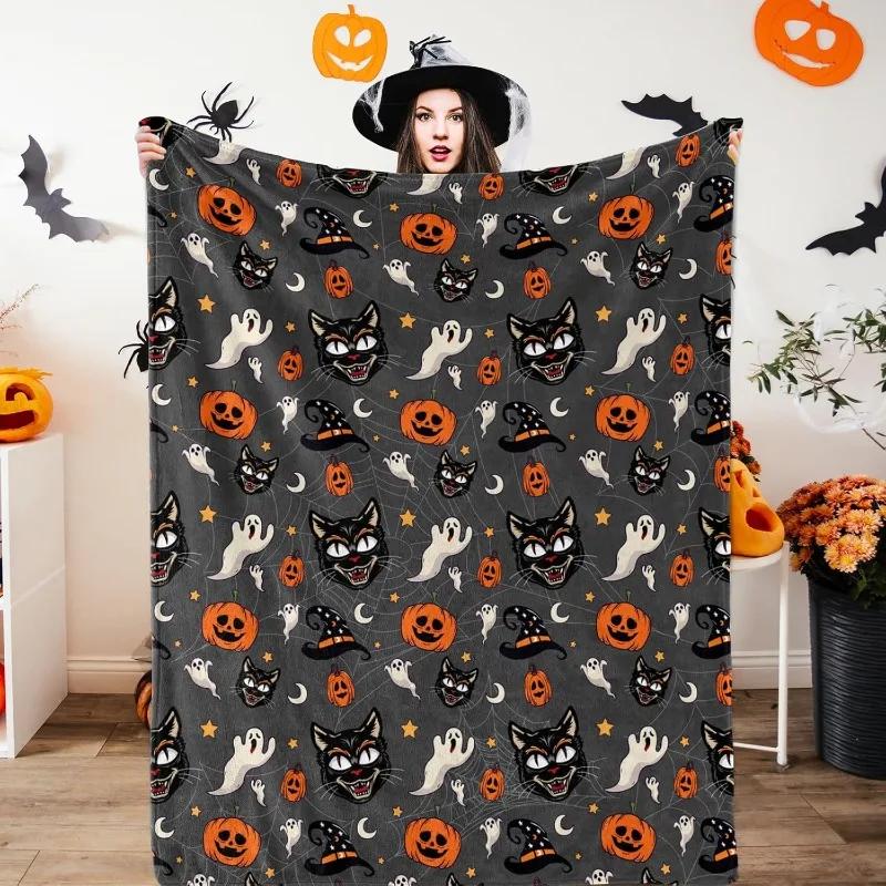 1Pc Cozy Halloween Black Cat Flannel Throw Blanket Soft Warm For Couch Bed Office Travel Perfect Holiday Gift And Home Decor