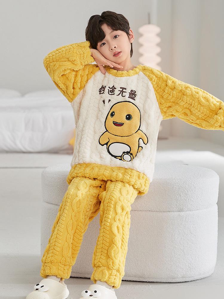 New Boys' Flannel Pajama Set - Warm Autumn/Winter Coral Fleece