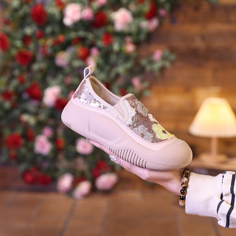 Retro Soft-soled Casual Women's Shoes 2024 Spring New Versatile Retro Sequined Loafers One-pedal Platform Single Shoes