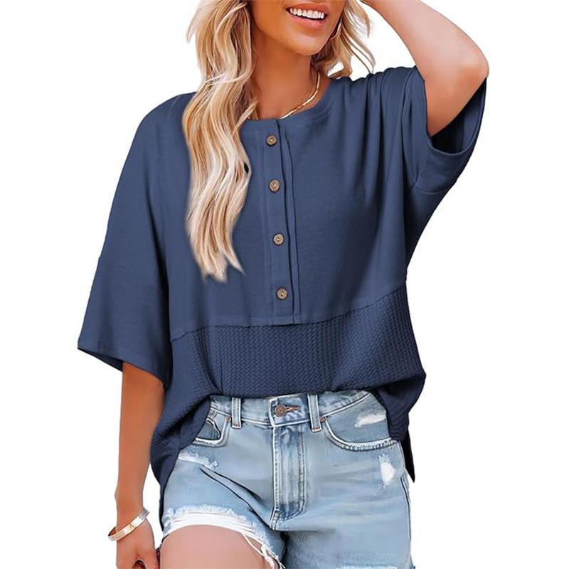 Summer New Women's Fashion Three-quarter Sleeve Casual Round Neck Buttoned Splicing Loose T-shirt