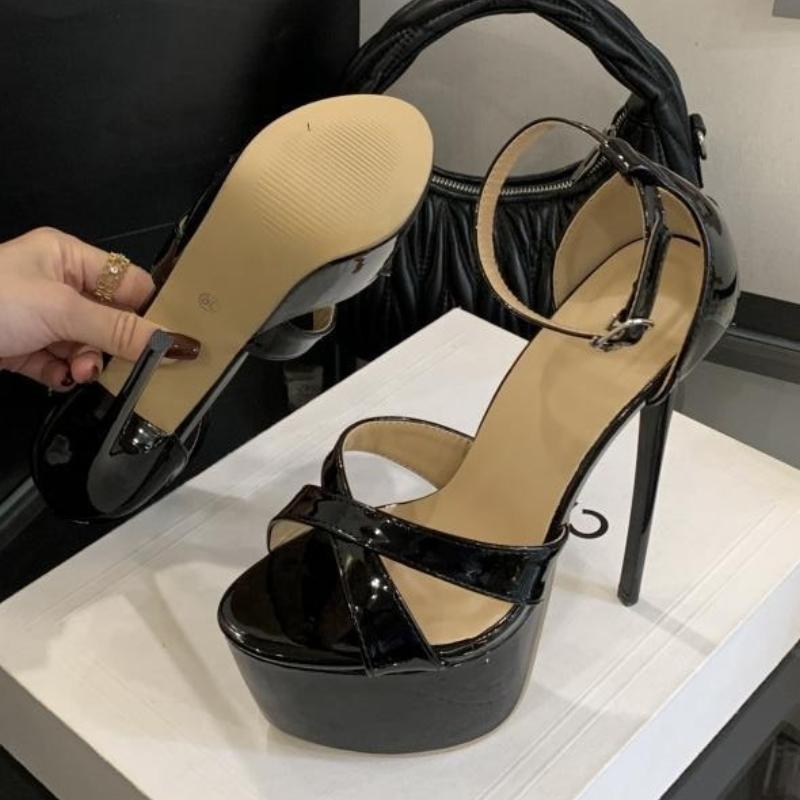 Fashion Black Patent Leather Cross Tied High Heel Sandals Women Fashion Super High Heel Platform Sandal Sexy Plus Size Pole Dancing Shoe