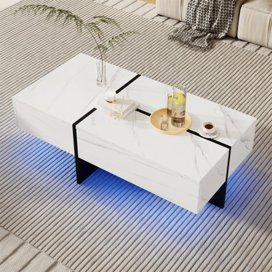 Home High-Gloss Coffee Table Marble Panel with 3 Drawers App Control Colorful Side Light Strip Rectangle Shape LED Tea Furniture