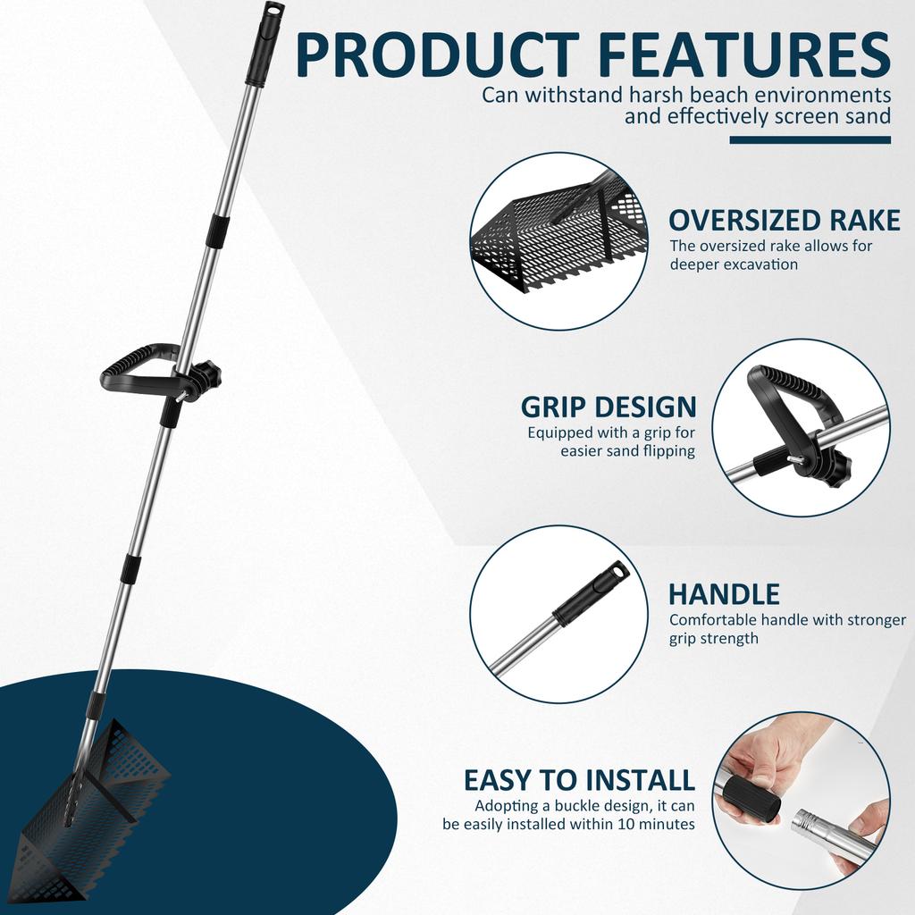 Sand Fleas Rake Stainless Steel Sand Sifter Detachable 52/68inch Long Handle Collapsible Shark Tooth Sifter for Beach Sand Crab