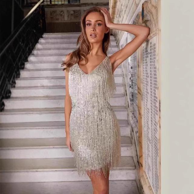 Low-Cut V-Neck Sexy Tassel Pencil Midi Dress