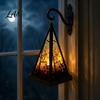 Vintage Style Table Lamp Halloween Lantern LED Candle, Spooky Pumpkin Witch Tabletop Decor with Retro Triangular Wind Metal Hanger, Electronic