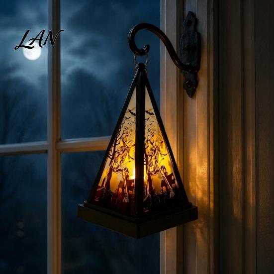 Vintage Style Table Lamp Halloween Lantern LED Candle, Spooky Pumpkin Witch Tabletop Decor with Retro Triangular Wind Metal Hanger, Electronic