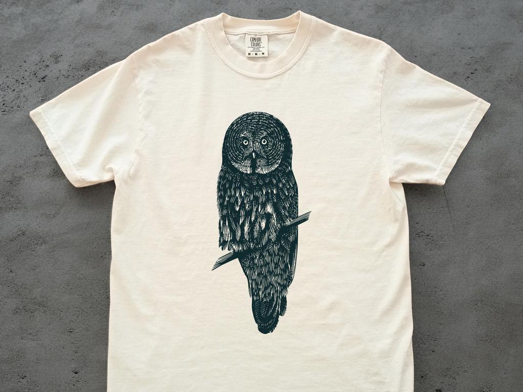 Great Gray Owl Shirt, Linocut Woodland Bird Tee, Comfort Colors Wildlife Graphic, Vintage Owl Lover Gift