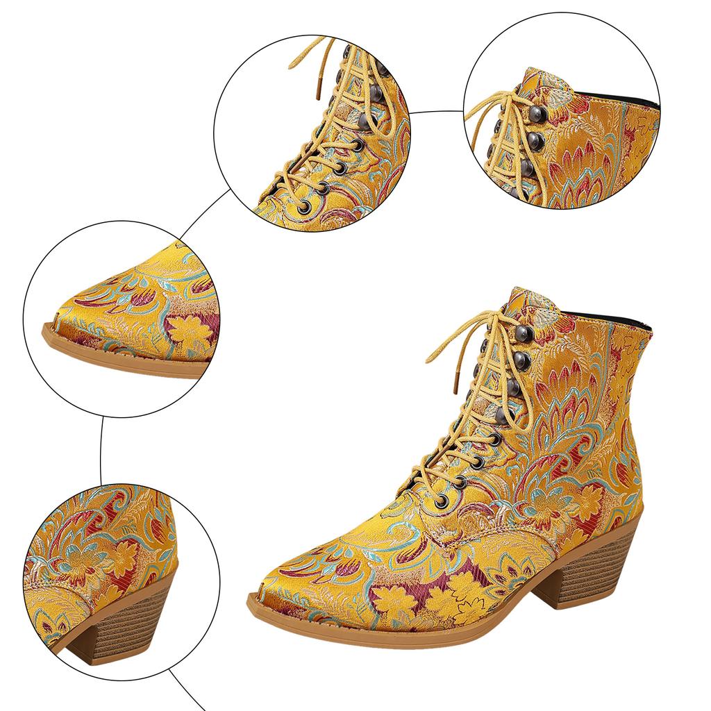 Vintage Embroidered Ethnic Style Short Western Boots Women's Shoes Fashion Pointed Toe High Heel Buckle Strap Ankle Boots