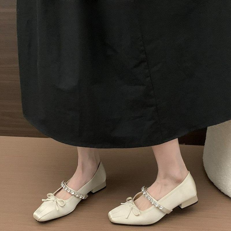 Fashion Crystal Mid Heels Ballet Shoes Women Bow Marie Janes Sandals Square Toe 2025 Trend Summer Loafers Dress Party Sandalias Mujer