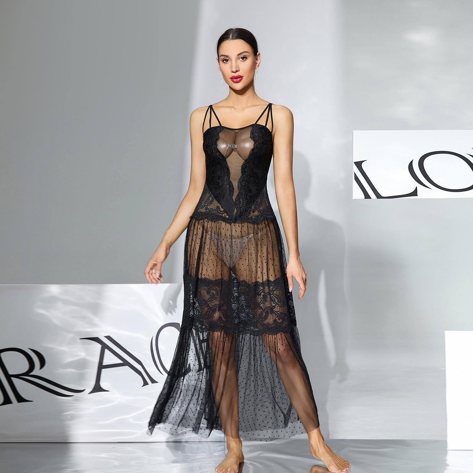 

Polka Dot Mesh Lace Cami Nightgown Long Sheer Breathable Skin-Friendly Shaping Loungewear 408 Flattering Comfortable Sleepwear with Classic Prints L