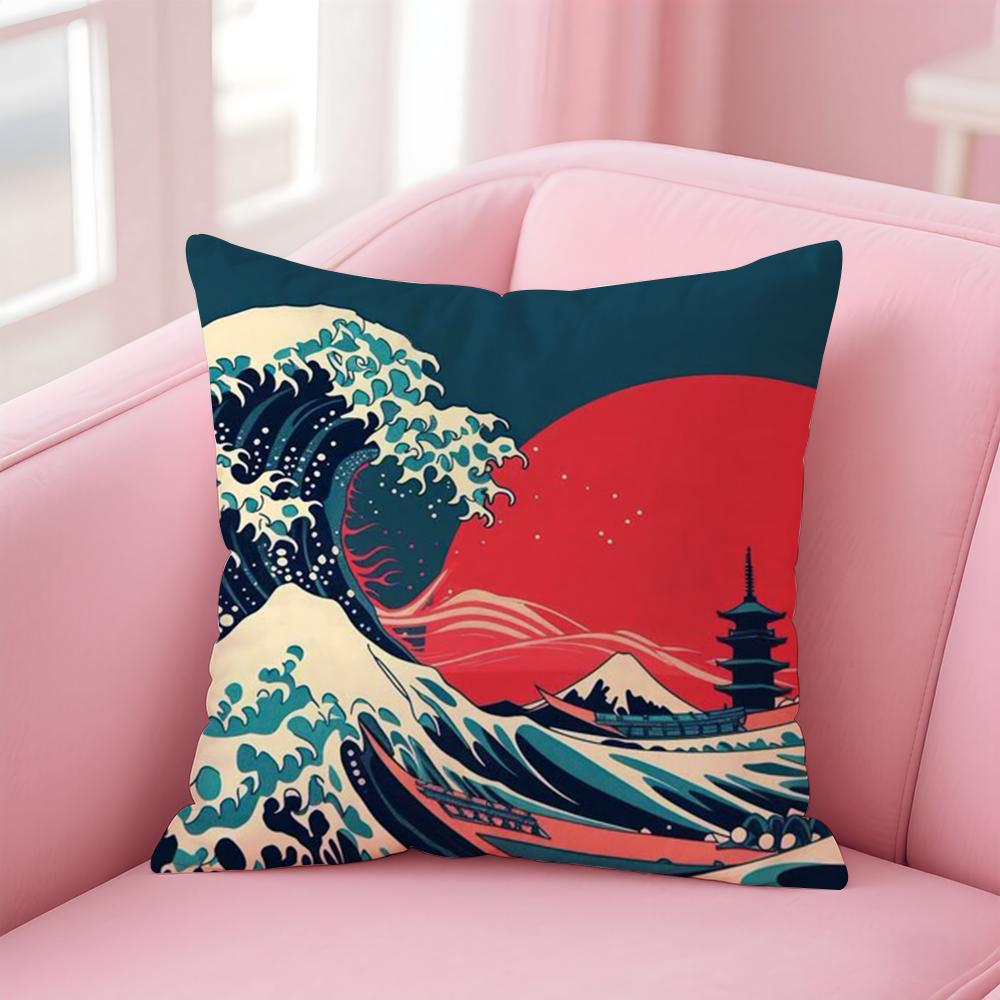 Japanese Waves Cushion Cover Linen Pillowcase Cover Soft Decor for Sofa Home Room