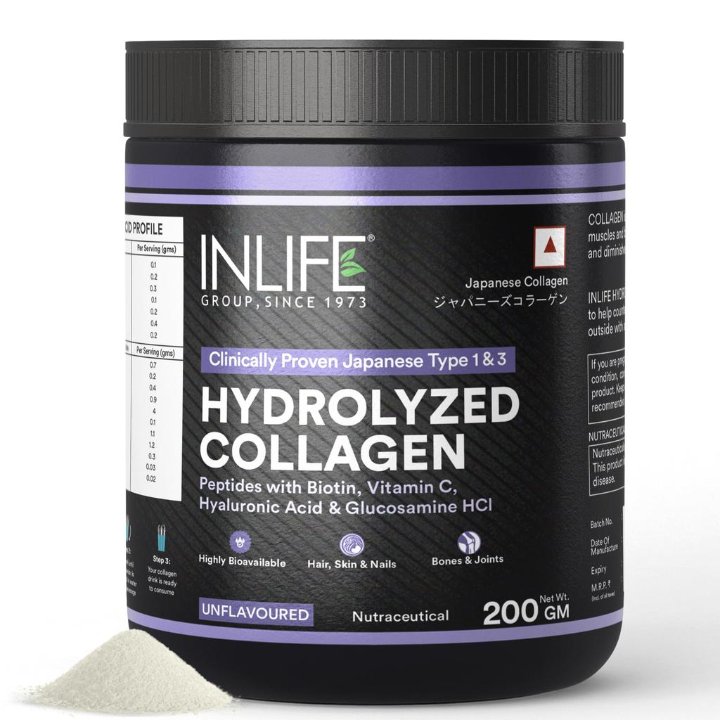 INLIFE Ongesmaakte Japanse Gehydrolyseerde Collageen Peptiden, Type 1 & 3, 200g