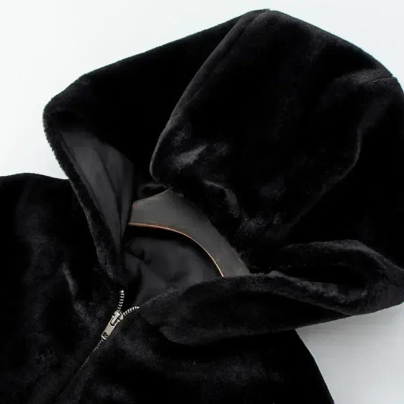 Herbst Winter Faux Kaninchen Fell Bomber Teddy Mantel Zipper Streetwear Hohe Taille Pelzigen Mit Kapuze Plüsch Jacke Strickjacke Fleece Parkas
