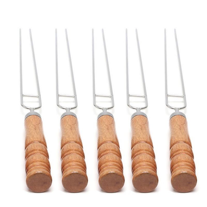 10pcs Outdoor Portable Barbecue Fork Stainless Steel Skewers with Wooden Handles Double Pronged Barbecue Tool Set