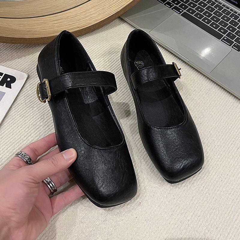 

2025 New Mary Jane Shoes Female Genuine Leather Square Toe Flat Ballet Shoes Cowhide Ladies Shoes 35 чорний