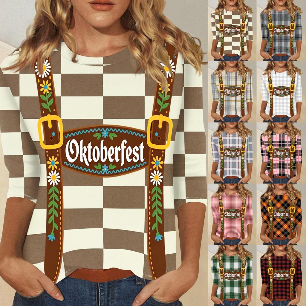 Damen Casual Oberteil mit Dreiviertelärm, Oktoberfest-Print, Rundhalsausschnitt, Leicht, Bequeme Passform für Saisonale Veranstaltungen und den Alltag