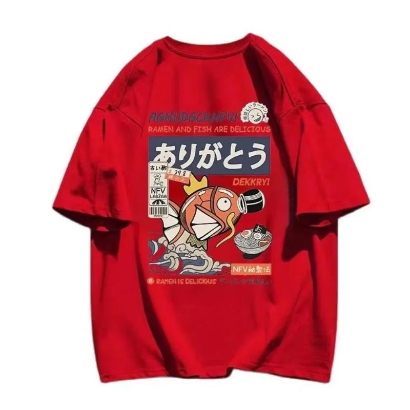 2025 Summer New Pokemon Carp King Cartoon Print T-shirt Loose and Fashionable Short-sleeved Couple Tops for Men and Women 09