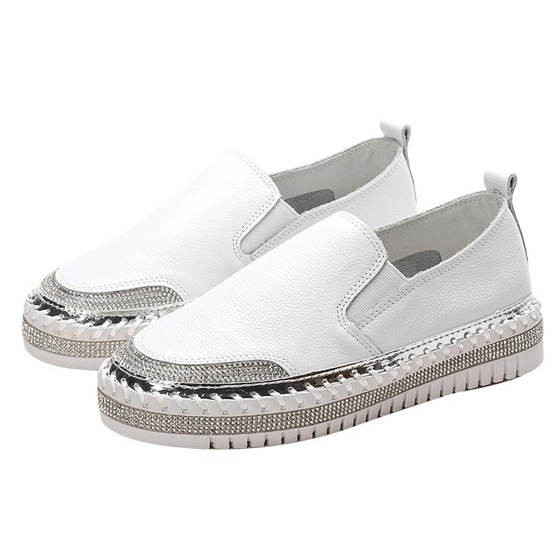 Fashion Women Platform Flats shoes Casual female Genuine Leather Walking flats Loafers for women White crystal Comfort Vacation shoes