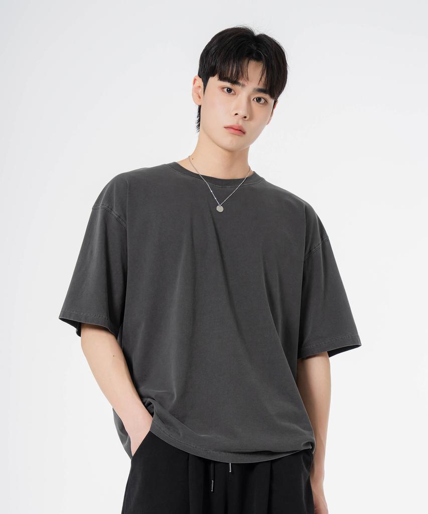 MOZMOZ Back Slit Oversized Pigment Short Sleeve T-Shirt Charcoal