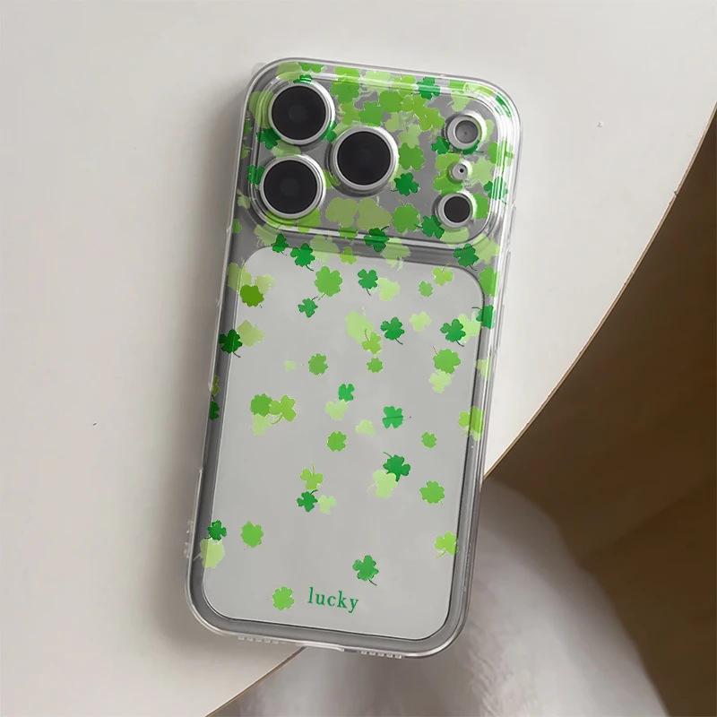 Green lucky four-leaf clover for Apple 17pro mobile phone case IP16plus transparent 15 space case 14 soft 13
