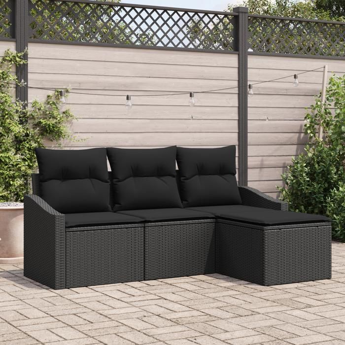VidaXL Ensemble de Canapés de Jardin 4 Pièces avec Coussins Rattan Poly Noir 3355342