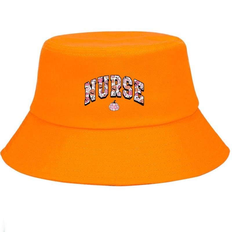 

Customize Nurse Pumpkin Print Cotton Bucket Hat for Adults Halloween Costume Party Sun Protection Adjustable Unisex Festival Cap