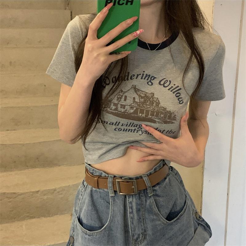 Summer Casual Slim T Shirt Women's Streetwear Harajuku Vintage Graphic Print Short Sleeve T-shirts for Women Y2k Crop Tops Clothes