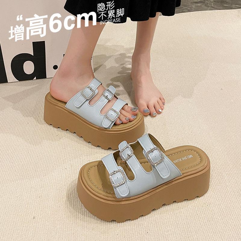Small Thick Bottom Heightening Cool Slippers Women Wear 2025 Summer New Internet Celebrity Rhinestone Muffin High Heel One-word Drag
