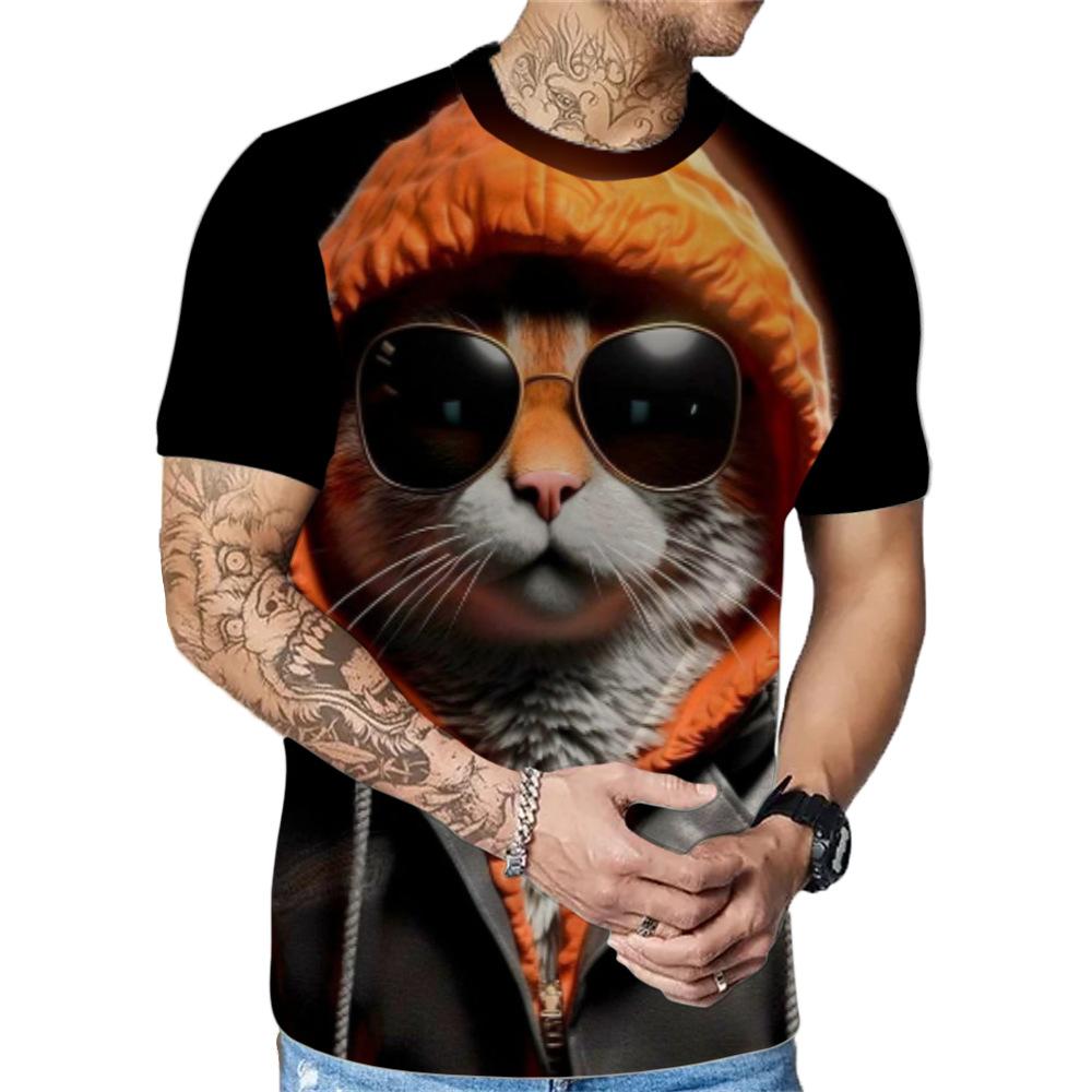 Letní Pánská Trička s Krátkým Rukávem s Módním Ležérním 3D Potiskem Kočky s Kulatým Výstřihem