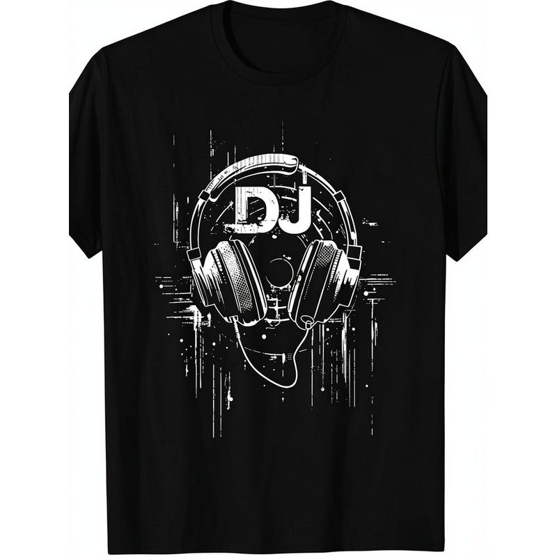 Casque Dj Black T-Shirt | Regular Fit, Crew Neck, Short Sleeve, Digital Heat Transfer, Geometric Pattern, Perfect For Men, All-Season Casual Wear