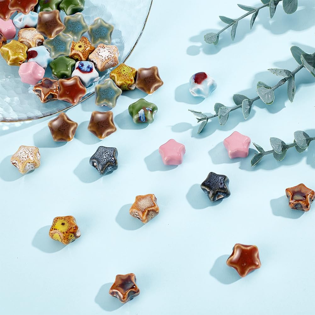 arricraft 40 Pcs Ceramic Handmade Beads, Fancy Antique Glazed Ceramic Star Spacer Beads Kit Pentagram Bead Charm Pendant for Necklace Bracelet