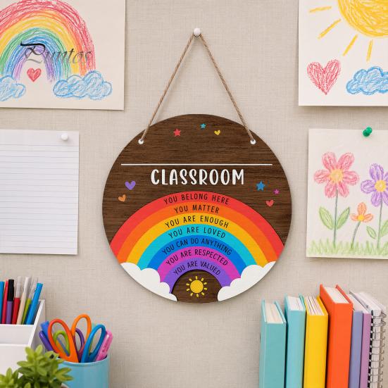 Classroom Decor Sign Wooden Welcome for Door, to Our Round Front Door Hanging Hanger, Sign, Back School Preschool Decoration Hanger