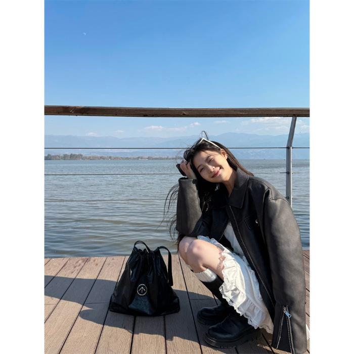 Brown leather jacket women s new autumn and winter locomotive clothing short coffee retro Maillard jacket S чёрный