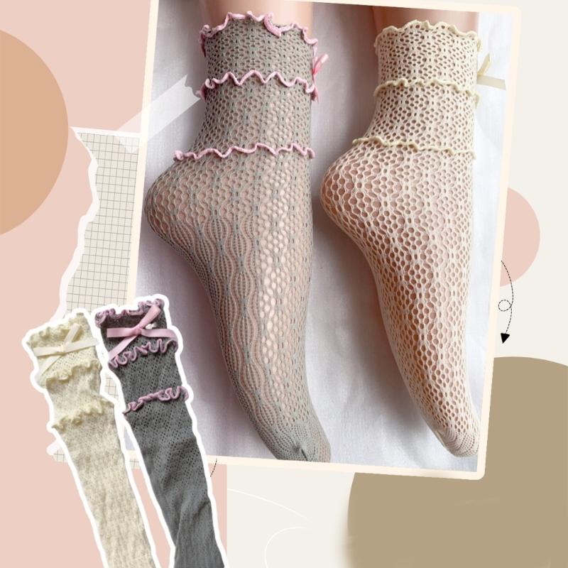 Lace Calf Socks Bowknot Middle Tube Sock Summer Hollow Out Stocking for Student Girl Lady Japanese Style Socks