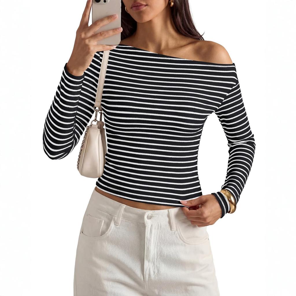 Damen schulterfrei gestreift Langarm Crop Top Rippstrick figurbetont Lässig Ausgeh-T-Shirt