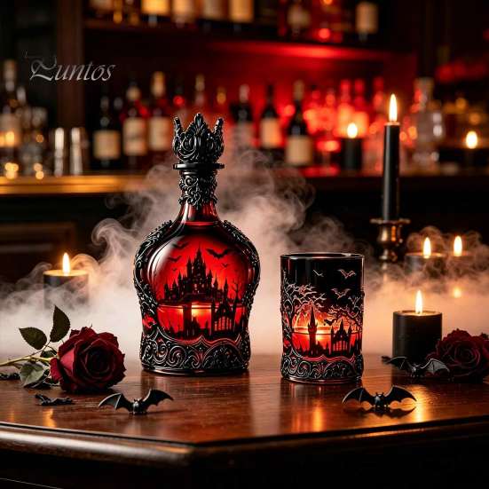 Verdickte Whiskeyflasche 1200ML Halloween Fledermaus Schloss Flasche, 320ML Vintage Gotischer Glas Wein Likör Halter Becher, Dekorative Karaffe Flachmann für