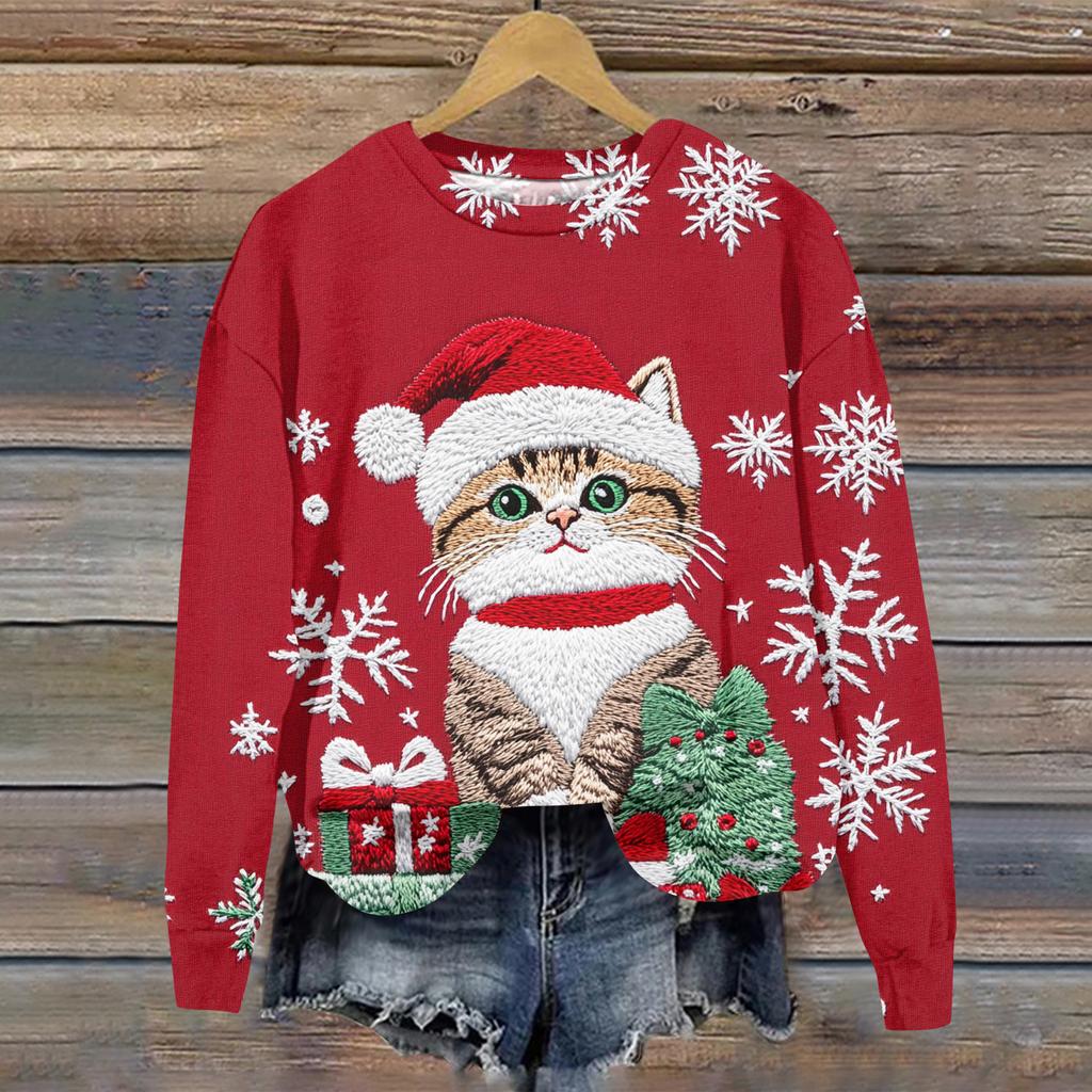 Ladies' Christmas Printed Casual Long Sleeved Round Neck Sports Hoodie Top