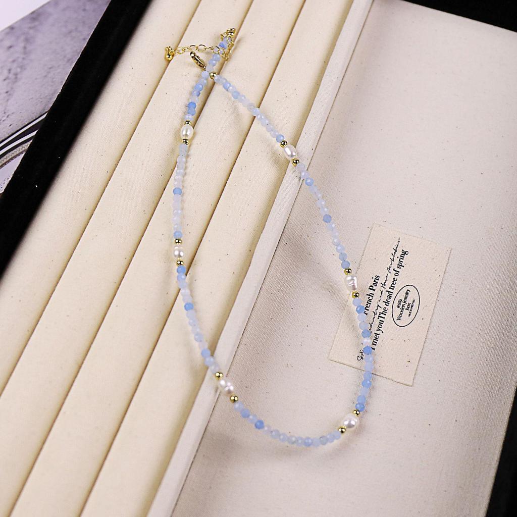 Aquamarin & Süßwasserperle Handgefertigte Perlenkette für Damen - Elegant Designtes Leichter Luxus Accessoire