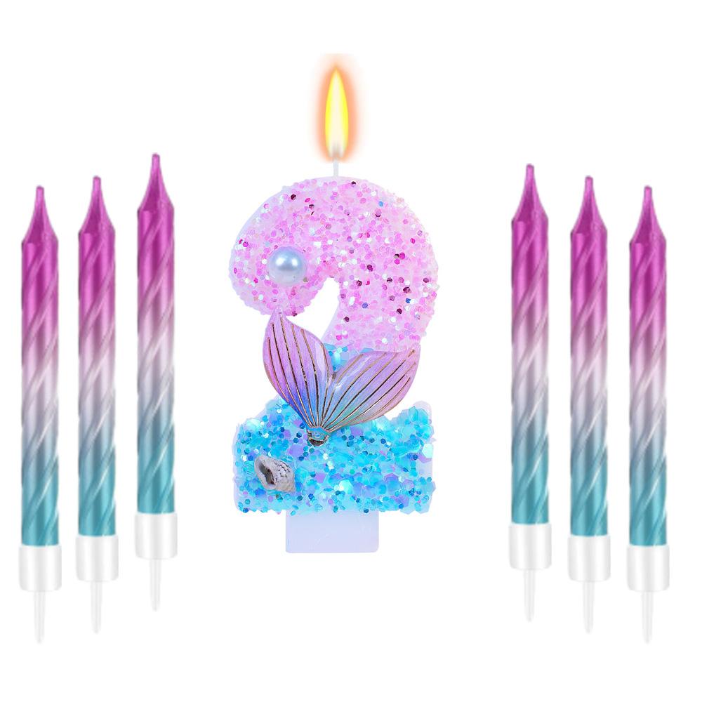 11pcs Mermaid Themed Birthday Candles,Number 0-9 Girls Glitter Birthday Party Supplies,Anniversary Party Decor, Cake Decorations
