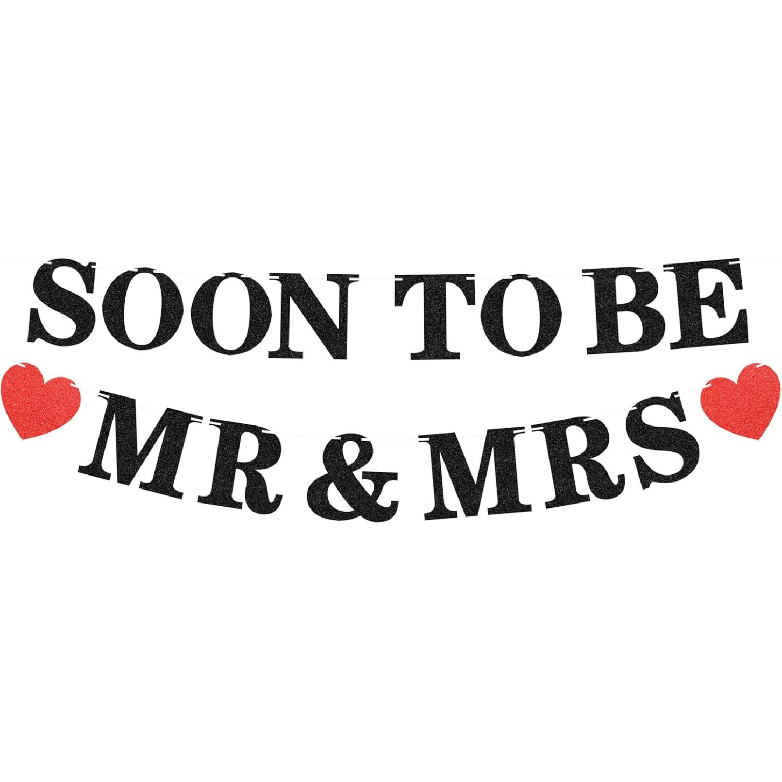 Pre-strung Soon to Be Mr & Mrs Banner - Black Glitter Bridal Shower Decorations for Wedding, Engagement or Bachelorette Party Photo Booth Props чёрный
