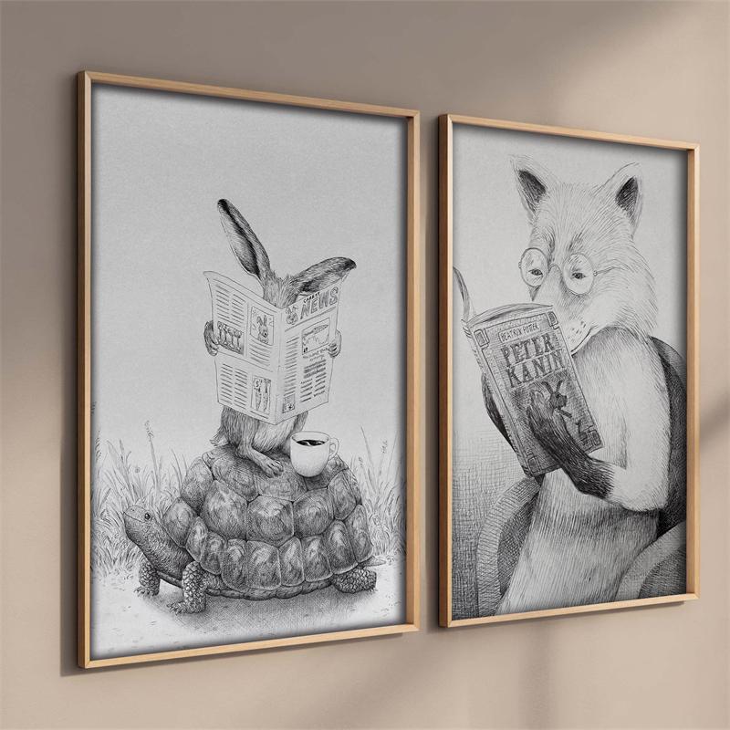 Animale în stil nordic poster estetică ilustrație peisaj natural Ursul lup imprimare pânză Walll Art Decorare acasă Decor camere